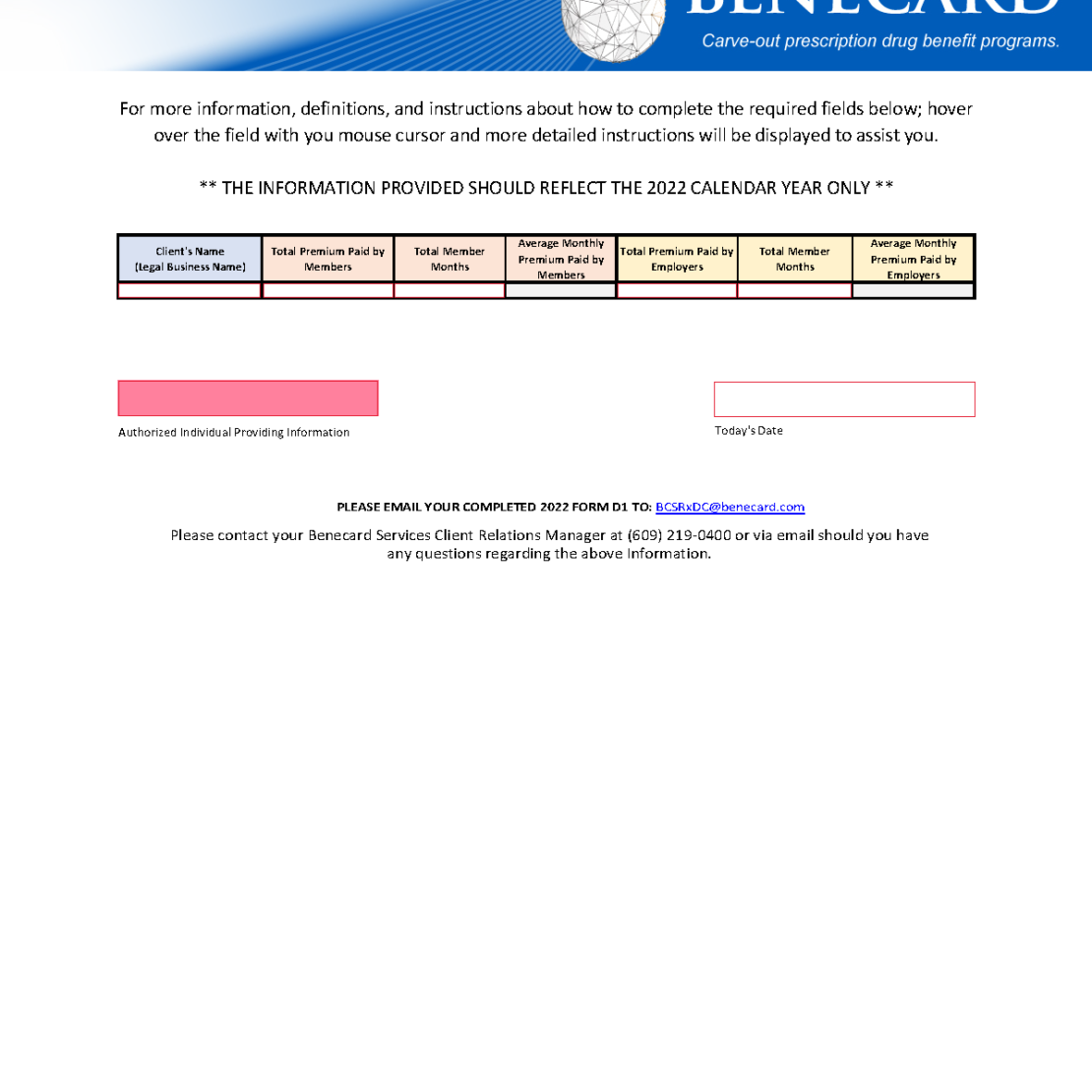 RxDC Reporting Requirements FORM D1 Benecard